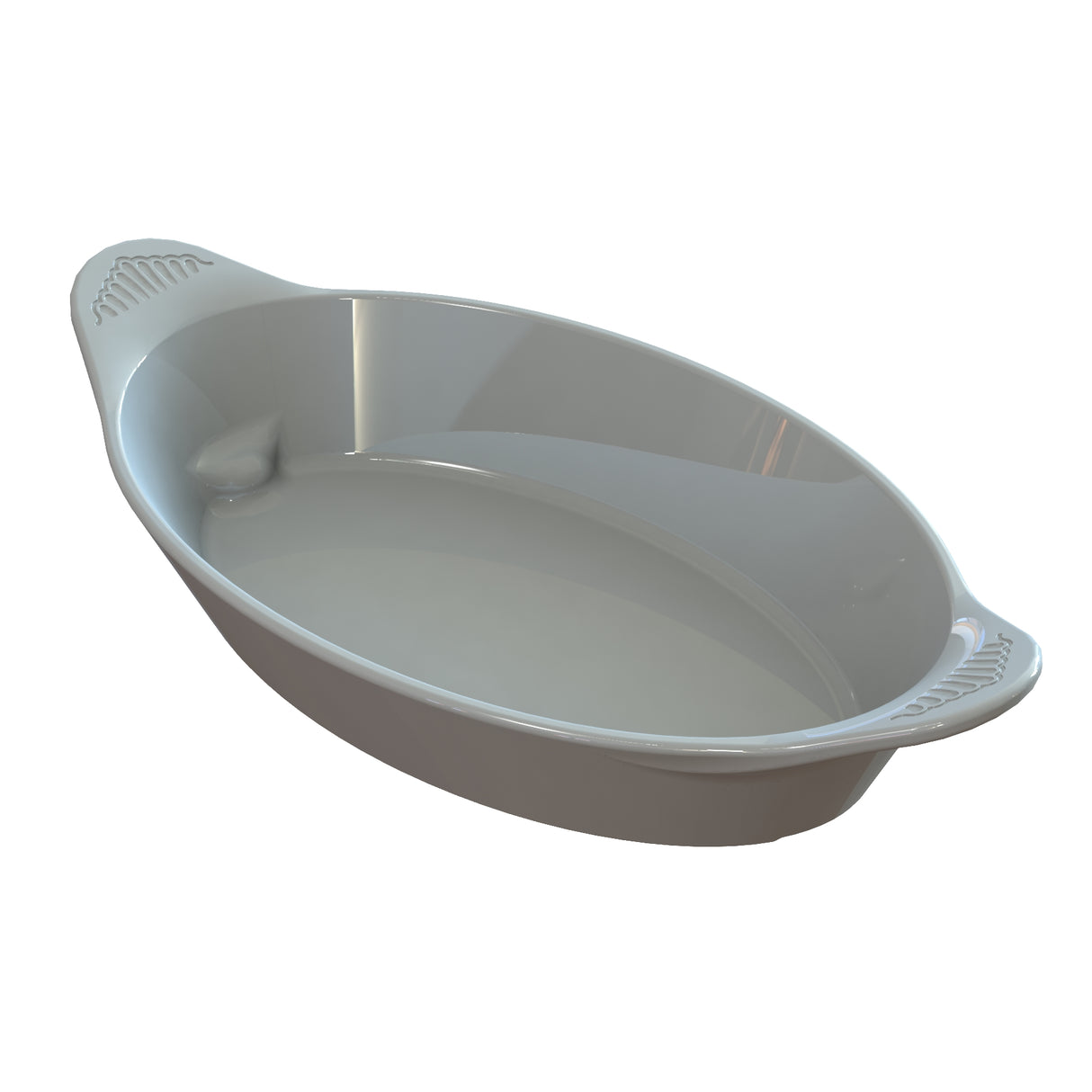 A white oval ceramic Server baking dish with two decorative handles on each end, shown empty against a white background. The glossy, smooth interior is perfect for cold holding and beautifully reflects light.