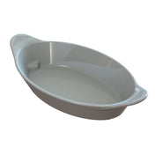 A white oval ceramic Server baking dish with two decorative handles on each end, shown empty against a white background. The glossy, smooth interior is perfect for cold holding and beautifully reflects light.