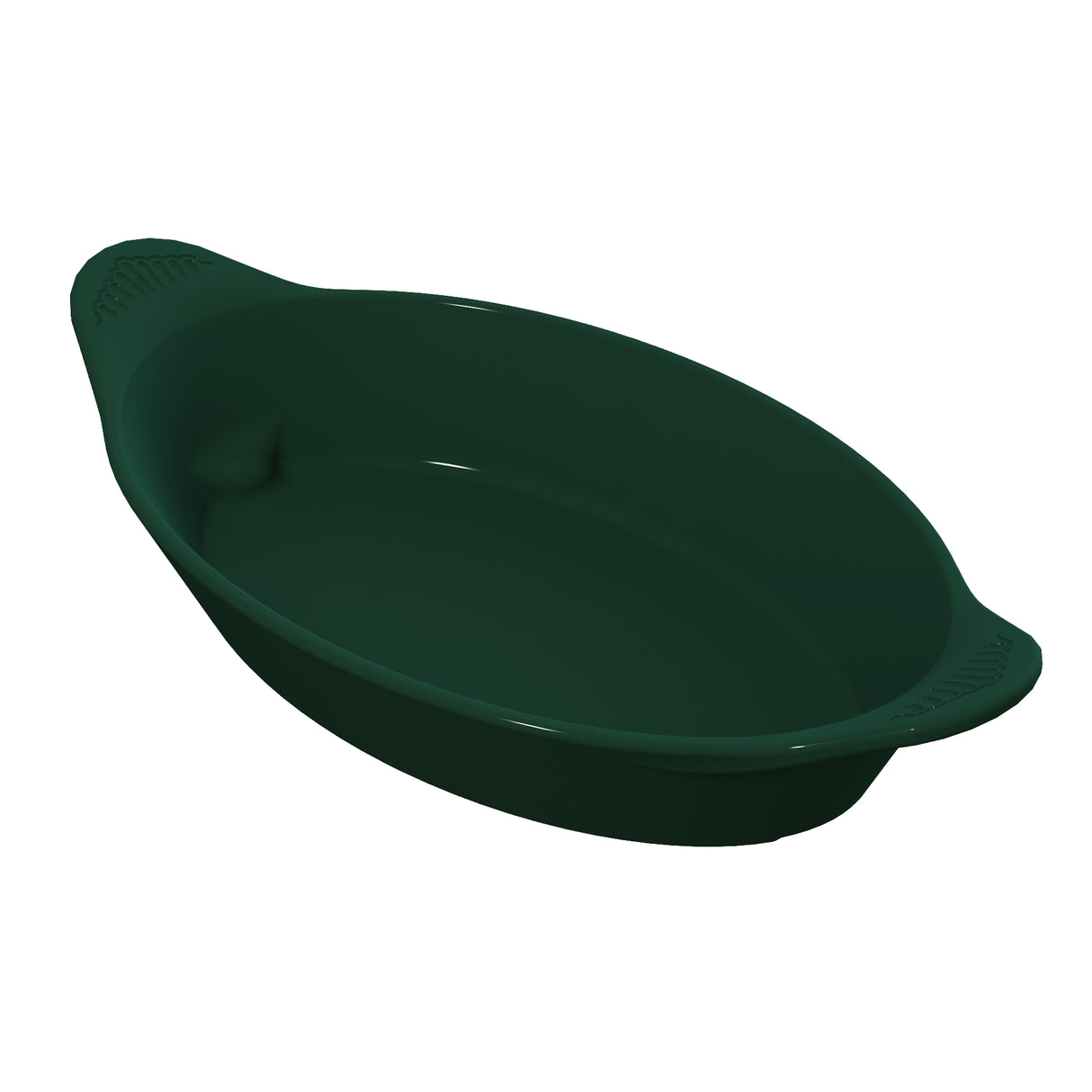 A deep green, oval-shaped cast aluminum baking dish with handles on each end. The dish features a smooth surface and slight rim, making it ideal as a server for hot or cold holding. The image is set against a plain white background.