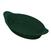 A deep green, oval-shaped cast aluminum baking dish with handles on each end. The dish features a smooth surface and slight rim, making it ideal as a server for hot or cold holding. The image is set against a plain white background.