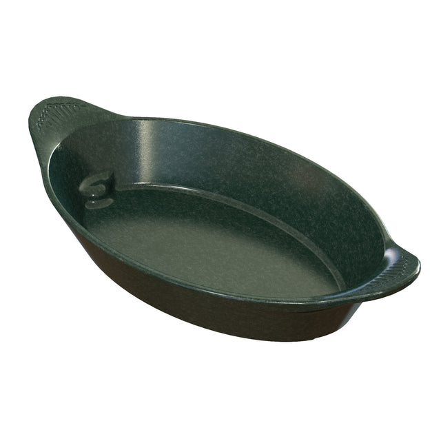 A dark green, oval-shaped ceramic baking dish with two small handles on each end. The dish has a smooth, slightly shiny surface and a shallow interior, suitable for baking or serving food. It is also dishwasher safe for easy cleaning.