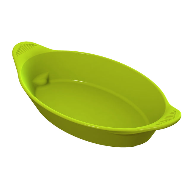 A bright green, oval-shaped plastic baking dish with two textured handles on either end, shown from a slightly angled top view against a white background. The interior is smooth and shiny, the edges gently curved, and the dish is dishwasher safe.