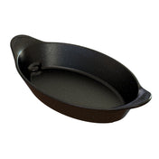 A black oval baking dish crafted from cast aluminum with a speckled, glossy finish and two small side handles. Its textured look makes it perfect as a Server for stylish cold holding, displayed empty against a white background.