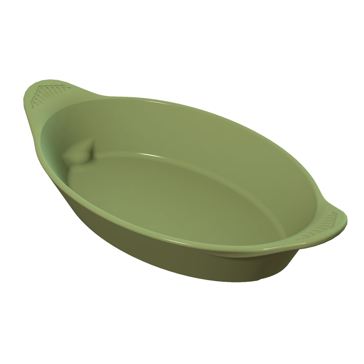 A green, oval-shaped baking dish with slightly raised handles on each end and subtle textured grips. The cast aluminum dish has smooth sides, a shallow depth, and is ideal for use as a server or for cold holding.