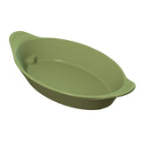 A green, oval-shaped baking dish with slightly raised handles on each end and subtle textured grips. The cast aluminum dish has smooth sides, a shallow depth, and is ideal for use as a server or for cold holding.