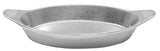 A round, silver-colored cast aluminum baking dish with two small, textured handles on opposite sides. The dish has smooth sides, a flat bottom, and no lid. It appears sturdy and is likely used for baking or roasting food.