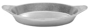 A round, silver-colored cast aluminum baking dish with two small, textured handles on opposite sides. The dish has smooth sides, a flat bottom, and no lid. It appears sturdy and is likely used for baking or roasting food.