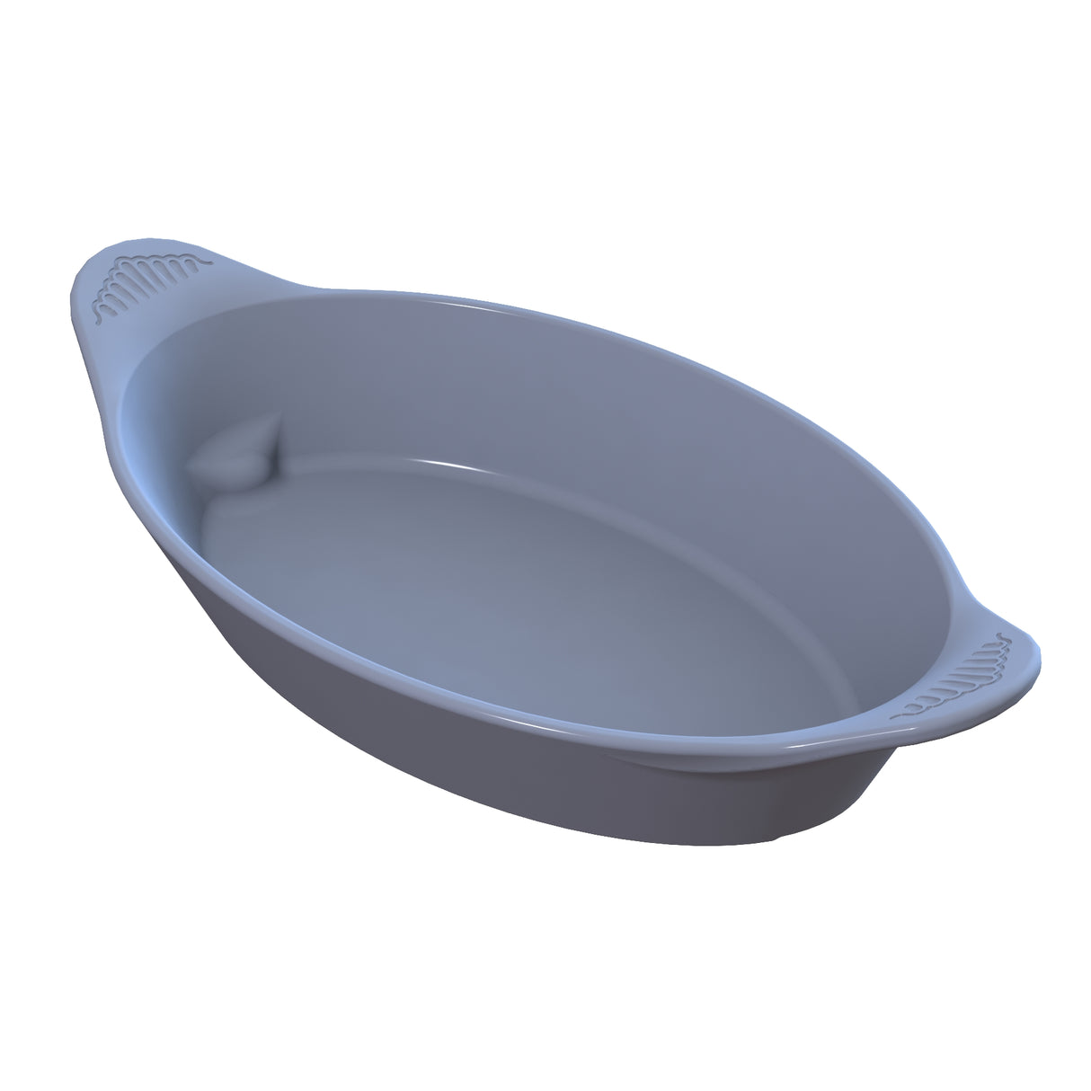 A gray, oval-shaped Duracoat coated aluminum baking dish with two slightly raised handles featuring textured grips. The dish has smooth, curved sides, a glossy finish, and is shown on a plain white background. Ideal for cold holding.