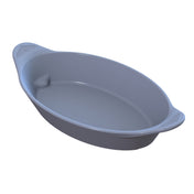 A gray, oval-shaped Duracoat coated aluminum baking dish with two slightly raised handles featuring textured grips. The dish has smooth, curved sides, a glossy finish, and is shown on a plain white background. Ideal for cold holding.