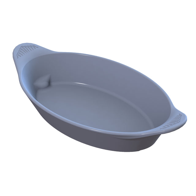 A gray, oval-shaped Duracoat coated aluminum baking dish with two slightly raised handles featuring textured grips. The dish has smooth, curved sides, a glossy finish, and is shown on a plain white background. Ideal for cold holding.