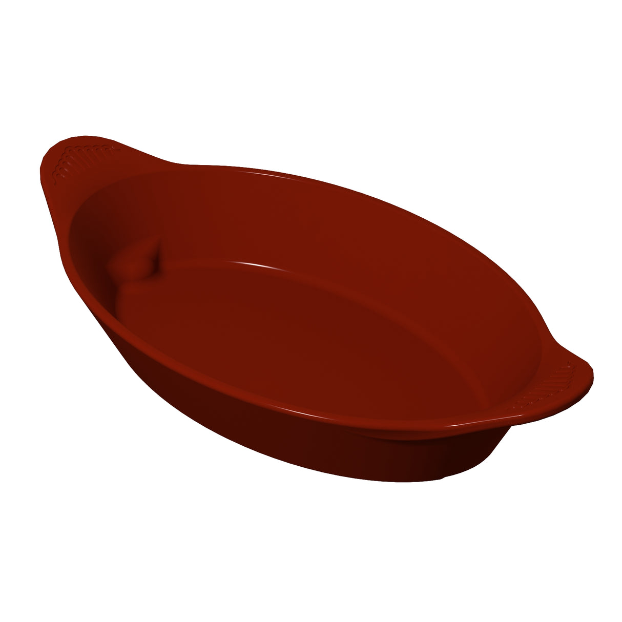 A deep, oval-shaped, red cast aluminum baking dish with two small side handles, shown against a plain white background. The empty Server dish has a glossy surface that reflects light.
