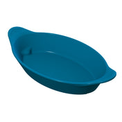 A blue, oval-shaped silicone baking dish with slightly raised handles on both ends. The smooth, glossy interior is ideal for cold holding or serving dishes. Photographed on a white background with no other objects visible.