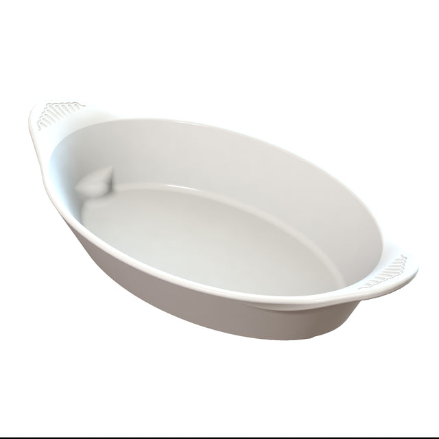 An oval-shaped, white ceramic baking dish with two small handles on opposite ends. The Server dish has smooth sides and a glossy finish, resting on a white background. The handles feature a subtle ridged texture for grip.