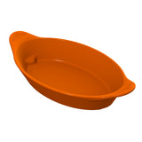 An empty, oval-shaped orange baking dish with handles on both ends. The cast aluminum server is shown on a white background, angled to display its depth, smooth interior surface, and dishwasher safe design.