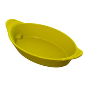 A bright yellow, oval-shaped Server baking dish with ribbed handles for grip, shown from an angled view. Made of Duracoat coated cast aluminum, its smooth and shiny surface is ideal for both cold holding and serving dishes.