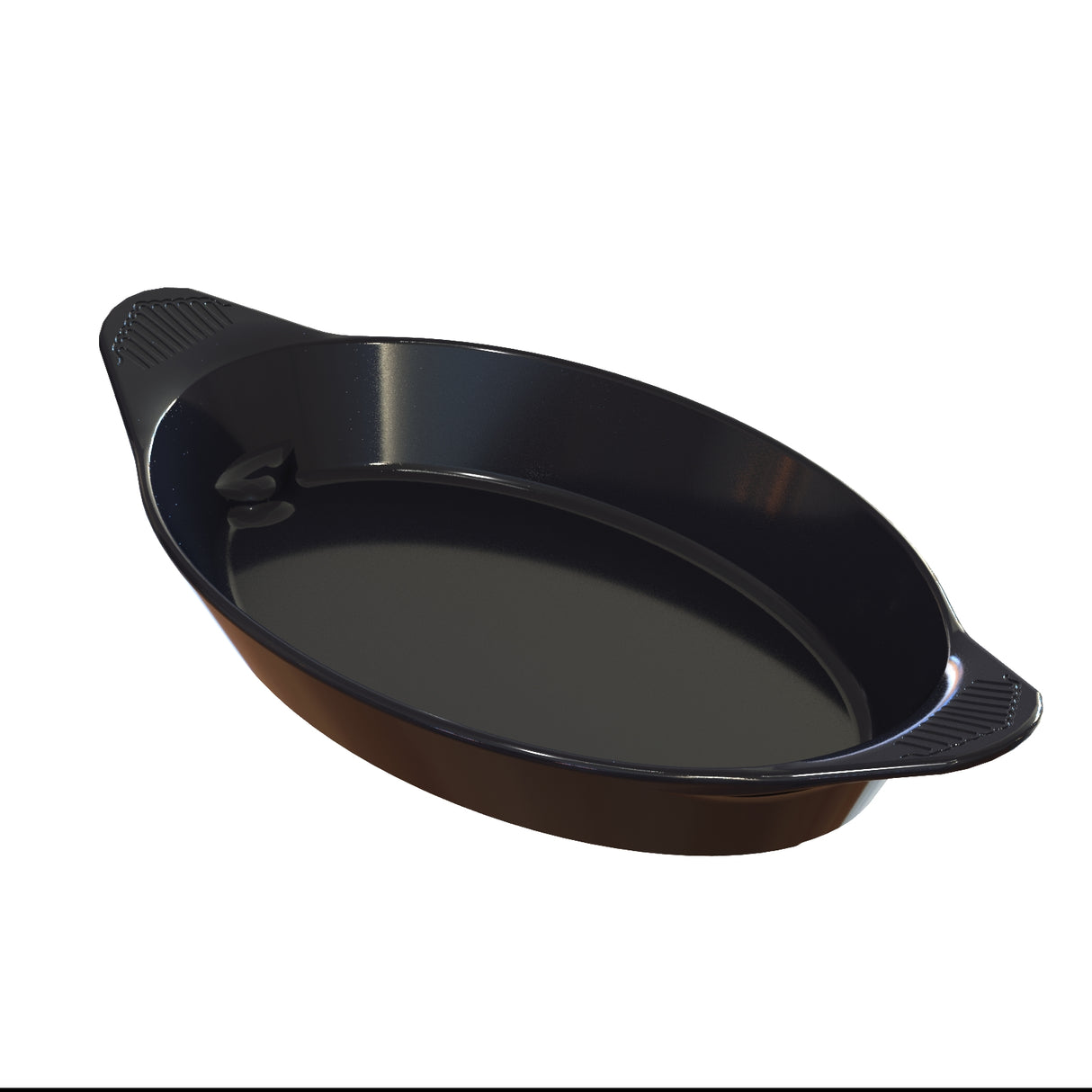 A black, oval-shaped cast aluminum server with a glossy finish features two small handles with textured grips on opposite sides. The empty dish sits on a white background, shown at a slight angle.