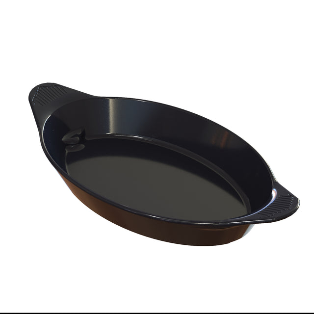A black, oval-shaped cast aluminum server with a glossy finish features two small handles with textured grips on opposite sides. The empty dish sits on a white background, shown at a slight angle.