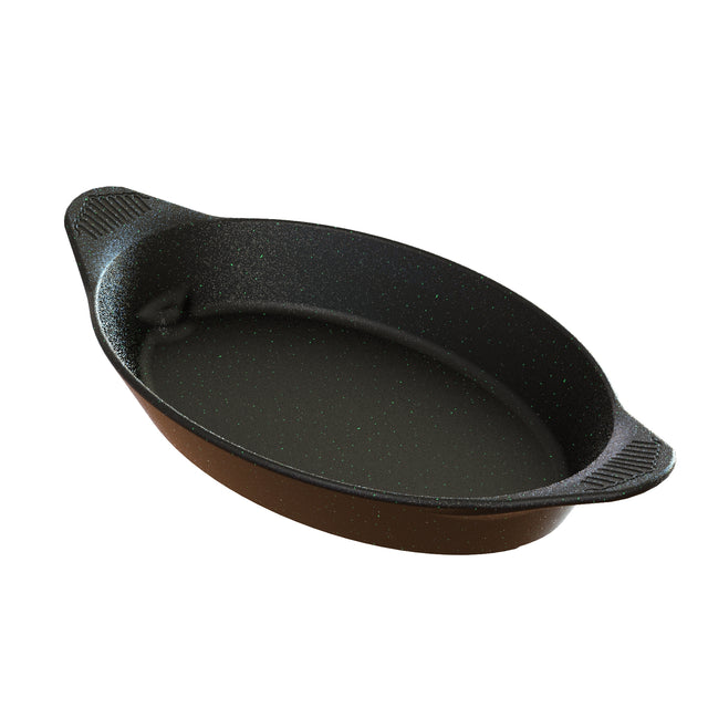 A black oval cast aluminum server with a brown outer surface, two textured handles for gripping, and a smooth, nonstick interior. The dish appears empty and is shown on a white background. It is also dishwasher safe.