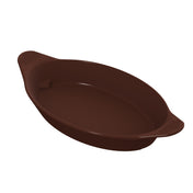 A brown, oval-shaped Duracoat coated cast aluminum baking dish with a smooth surface and wide, slightly flared handles on each end. The Server dish sits on a plain white background, and the handles have subtle ridges for grip.