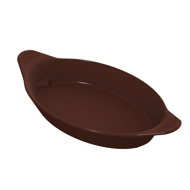A brown, oval-shaped Duracoat coated cast aluminum baking dish with a smooth surface and wide, slightly flared handles on each end. The Server dish sits on a plain white background, and the handles have subtle ridges for grip.