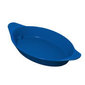 A deep, oval-shaped, blue Server baking dish with two small, textured handles. Made from cast aluminum, it has a smooth, shiny surface and slightly slanted sides—perfect for baking or serving and is dishwasher safe.