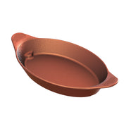 A reddish-brown, oval-shaped Server dish with two small textured handles on each end. The dish features a smooth interior, slightly raised edges, and a striking copper finish that highlights its contours and texture.