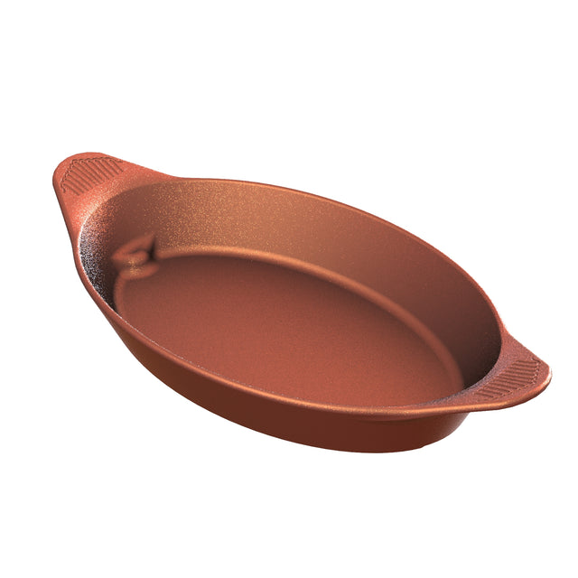 A reddish-brown, oval-shaped Server dish with two small textured handles on each end. The dish features a smooth interior, slightly raised edges, and a striking copper finish that highlights its contours and texture.