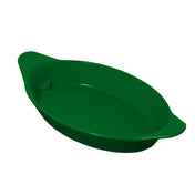 A green, oval-shaped cast aluminum server with two small, textured handles on opposite sides. The dish has smooth sides and a flat base, suitable for serving or baking food. The background is plain white.