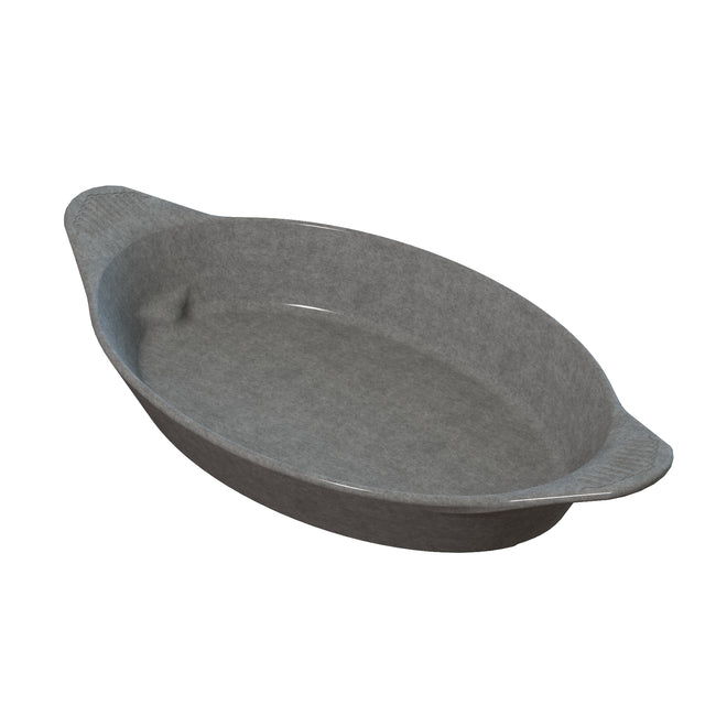 A gray, oval-shaped cast aluminum baking dish with two small handles on opposite sides. The dish has a smooth surface and slightly flared edges, designed for oven use, and appears to be empty and clean.