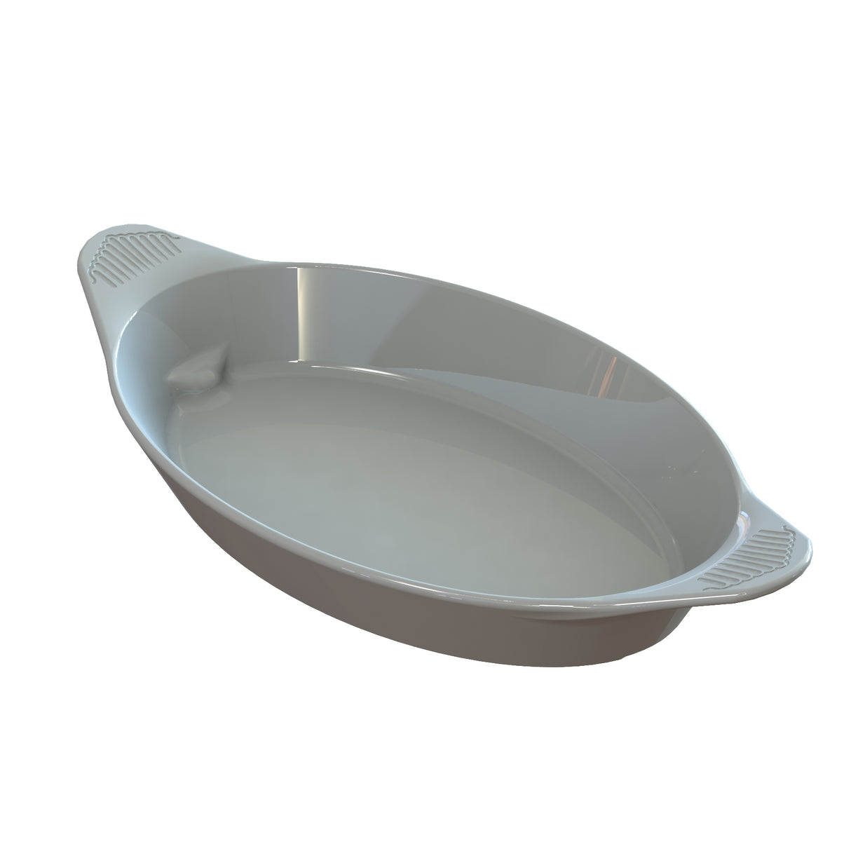 A gray, oval-shaped ceramic baking dish with two small textured handles on either side. Designed as a stylish server, the dish has smooth, glossy surfaces and is empty, positioned on a white background.