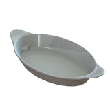 A gray, oval-shaped ceramic baking dish with two small textured handles on either side. Designed as a stylish server, the dish has smooth, glossy surfaces and is empty, positioned on a white background.