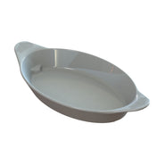 A gray, oval-shaped ceramic baking dish with two small textured handles on either side. Designed as a stylish server, the dish has smooth, glossy surfaces and is empty, positioned on a white background.