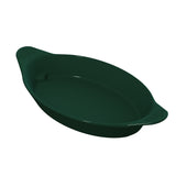 A dark green, oval-shaped cast aluminum baking dish with two small handles on opposite sides. The dish has a smooth, glossy non-stick surface and slightly flared sides, perfect for server use or cold holding. The background is plain white.