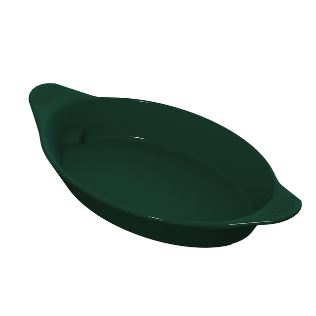 A dark green, oval-shaped cast aluminum baking dish with two small handles on opposite sides. The dish has a smooth, glossy non-stick surface and slightly flared sides, perfect for server use or cold holding. The background is plain white.
