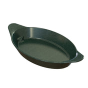 A dark green, oval-shaped cast aluminum baking dish with two small handles on opposite sides. The dish has a smooth, slightly glossy surface and shallow sides, perfect for baking, cold holding, or serving casseroles and other foods.