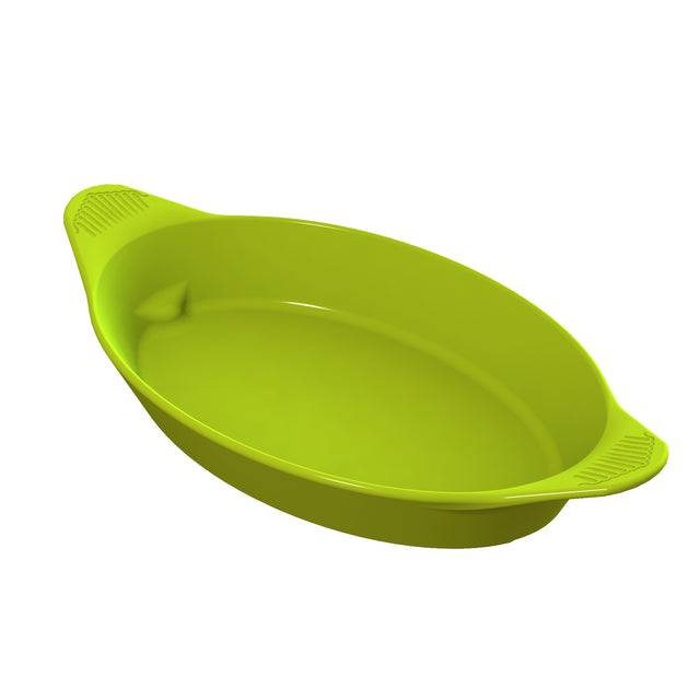 A bright green, oval-shaped silicone baking dish with a smooth interior and textured grip handles on both ends, shown on a white background. This modern server features slightly raised sides and a simple, contemporary design.