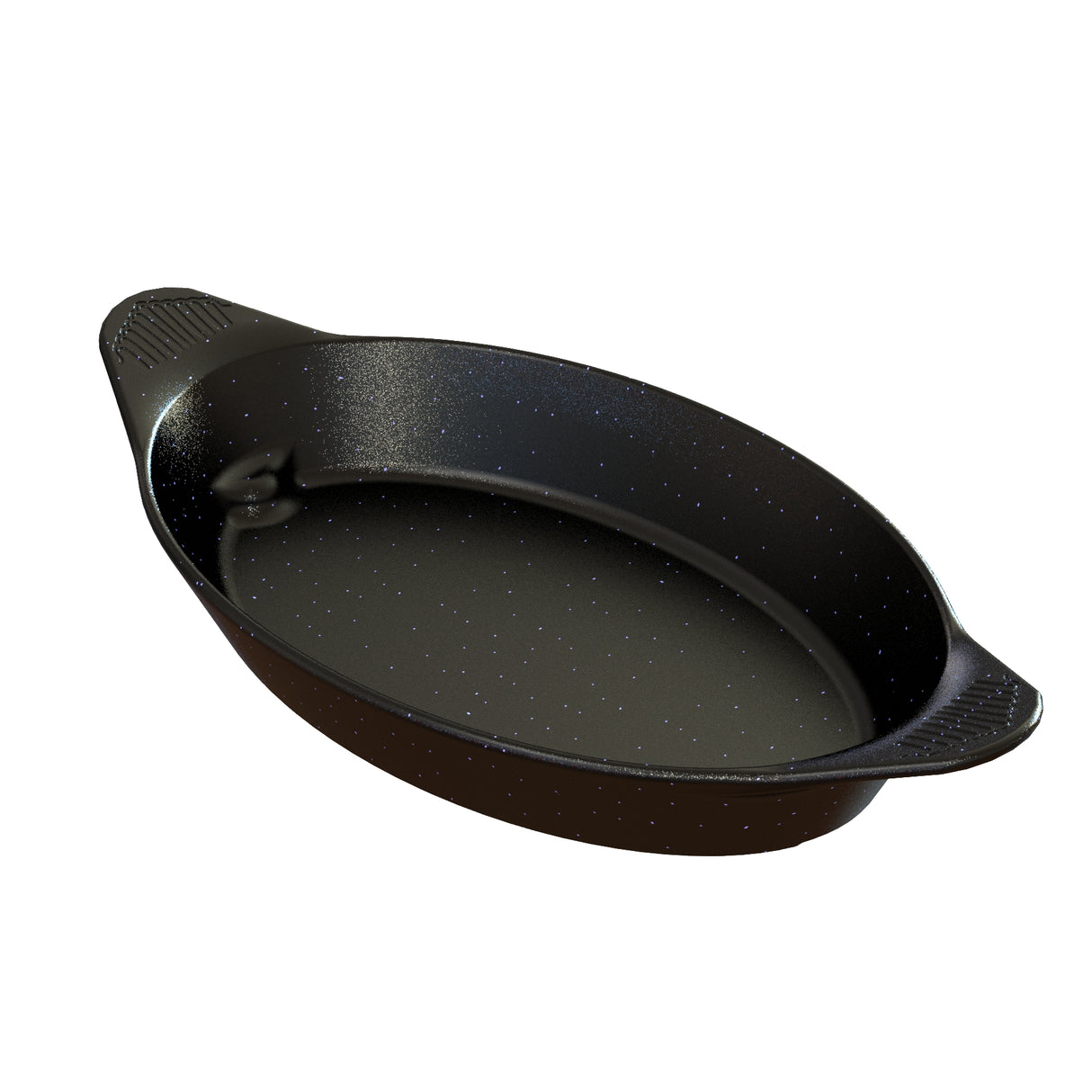 A black, oval-shaped Duracoat coated cast aluminum baking dish with a speckled pattern sits on a white background. The dish is dishwasher safe and has two small textured handles for grip. Its inner surface is smooth and slightly reflective.