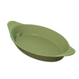 A green, oval-shaped cast aluminum baking dish with two small handles on each end. The handles have textured grips, and the smooth, rounded sides feature a slightly raised rim. The glossy, unadorned interior makes it a versatile Server.