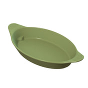 A green, oval-shaped cast aluminum baking dish with two small handles on each end. The handles have textured grips, and the smooth, rounded sides feature a slightly raised rim. The glossy, unadorned interior makes it a versatile Server.
