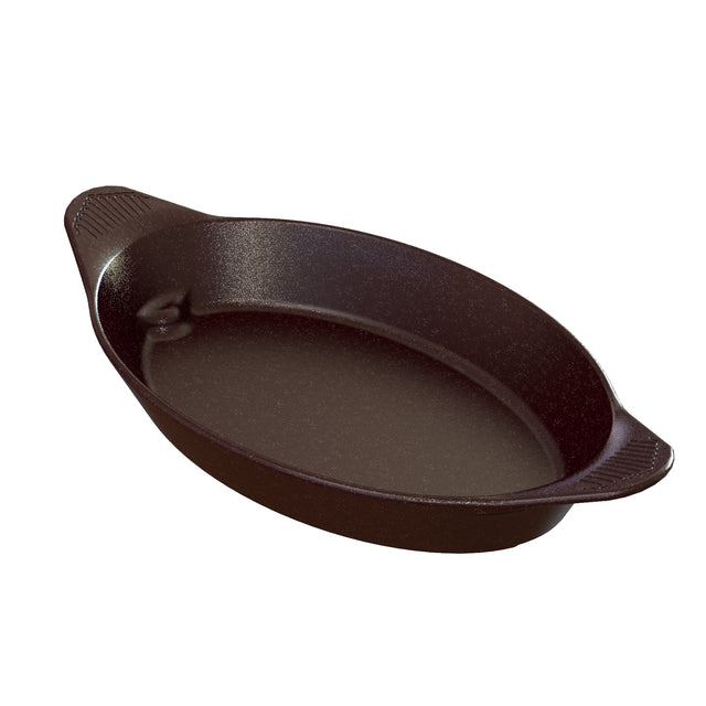 A black, oval-shaped cast iron baking dish with two short, textured handles on opposite sides. The dish features a smooth interior surface and slightly sloped sides, and is dishwasher safe for easy cleaning. Set against a white background.