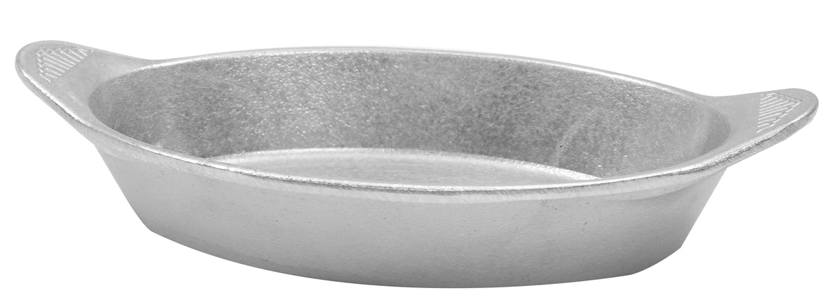A shiny silver-colored cast aluminum server with two small handles on each side. The smooth, slightly reflective surface and rounded edges give it a sturdy appearance. This temperature resistant server is set against a plain white background.