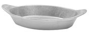 A shiny silver-colored cast aluminum server with two small handles on each side. The smooth, slightly reflective surface and rounded edges give it a sturdy appearance. This temperature resistant server is set against a plain white background.