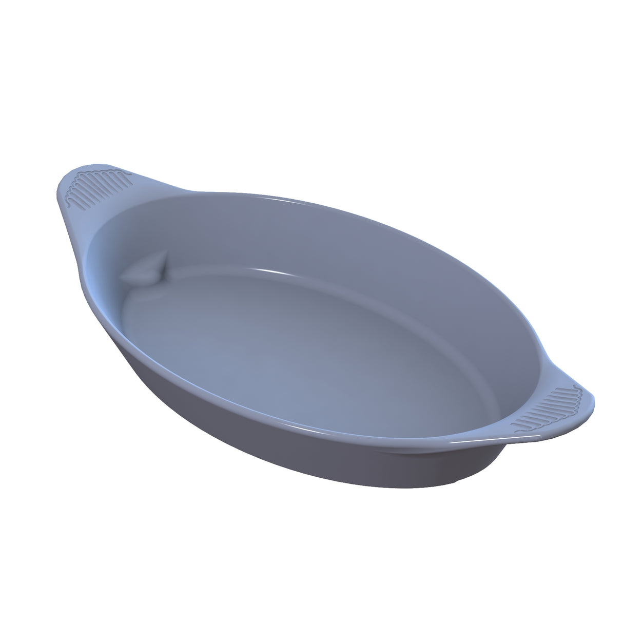 A light gray, oval-shaped cast aluminum baking dish with slightly raised, textured handles on both sides. The smooth interior is ideal for serving or cold holding, and the dish is set against a plain white background, viewed from above.