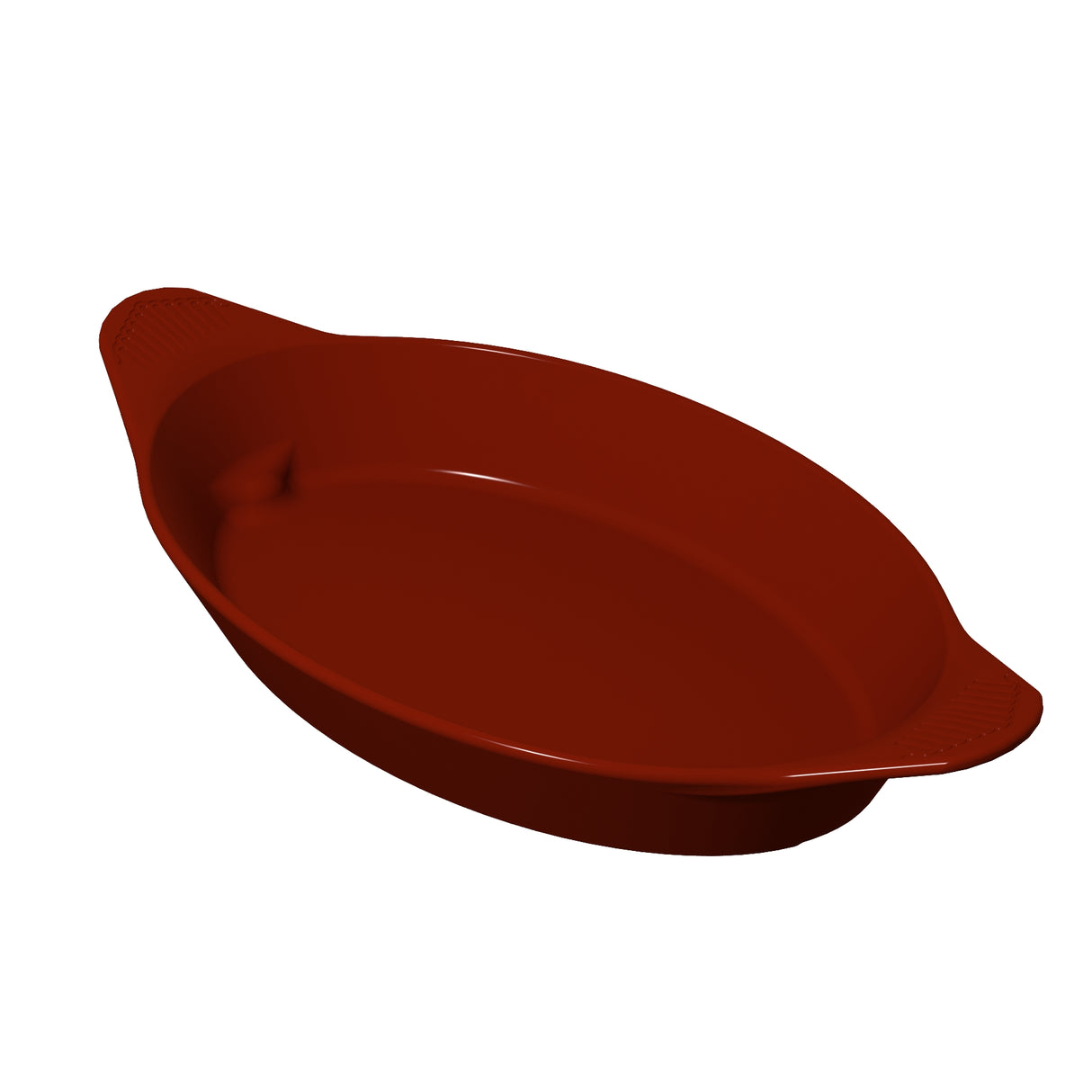 A red, oval-shaped server with two small handles on each end, shown from a slight angle on a white background. The dish has smooth surfaces and a glossy finish.