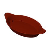 A red, oval-shaped server with two small handles on each end, shown from a slight angle on a white background. The dish has smooth surfaces and a glossy finish.