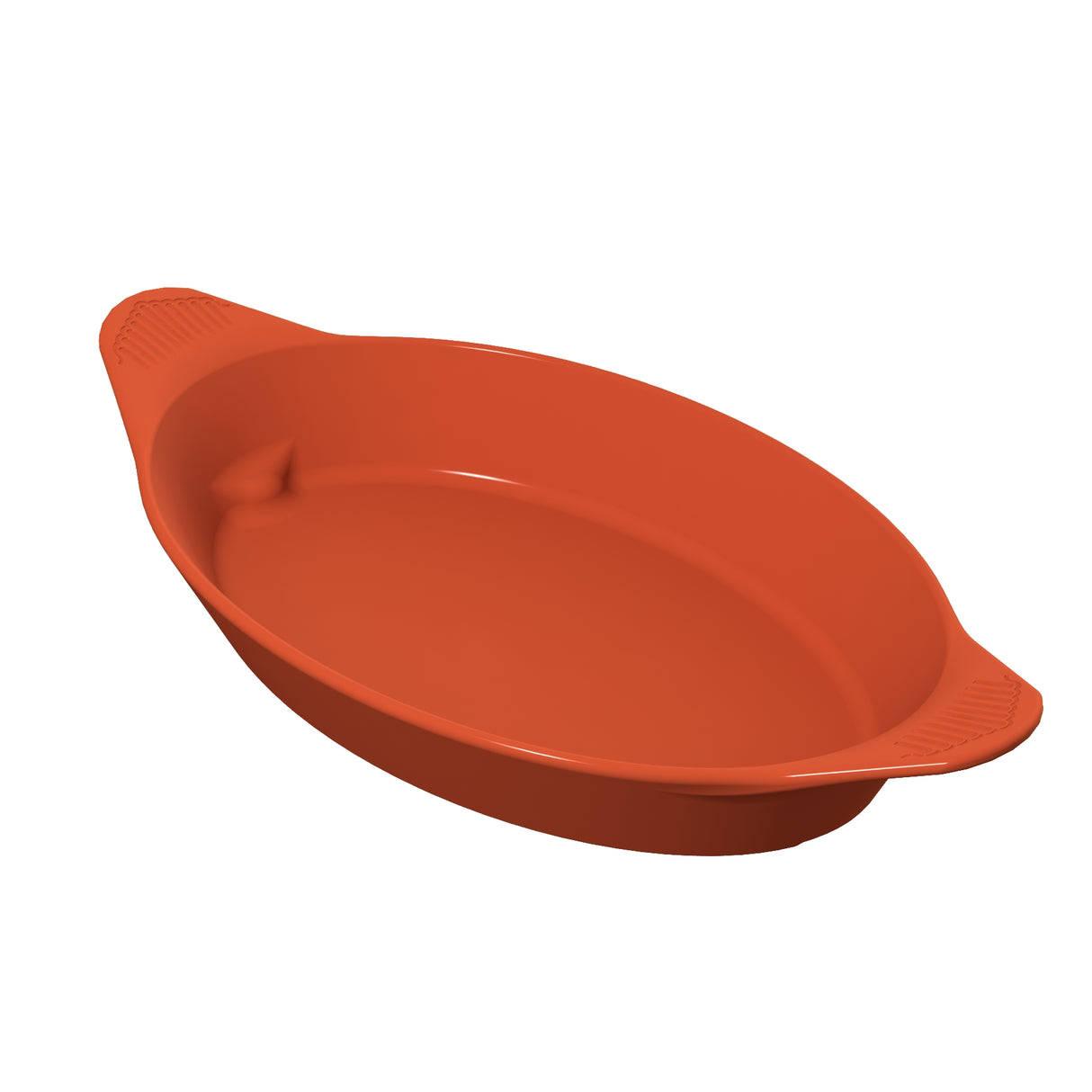 A bright orange, oval-shaped cast aluminum server with two small handles on each end sits on a white background. The dish has smooth sides, a subtle textured grip on the handles, and is dishwasher safe for easy cleanup.