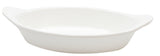 A white, oval-shaped ceramic baking dish with two small handles on opposite sides, resting on a white background. The dish has smooth sides and a glossy finish, perfect as a Server for oven use or cold holding individual portions.