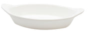 A white, oval-shaped ceramic baking dish with two small handles on opposite sides, resting on a white background. The dish has smooth sides and a glossy finish, perfect as a Server for oven use or cold holding individual portions.