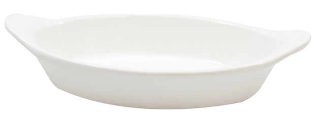 A white, oval-shaped ceramic baking dish with two small handles on opposite sides, resting on a white background. The dish has smooth sides and a glossy finish, perfect as a Server for oven use or cold holding individual portions.