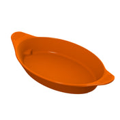 A bright orange oval-shaped baking dish with two flat, textured handles on opposite sides. Made of smooth, durable Duracoat coated cast aluminum, the Server dish is empty and displayed on a white background.